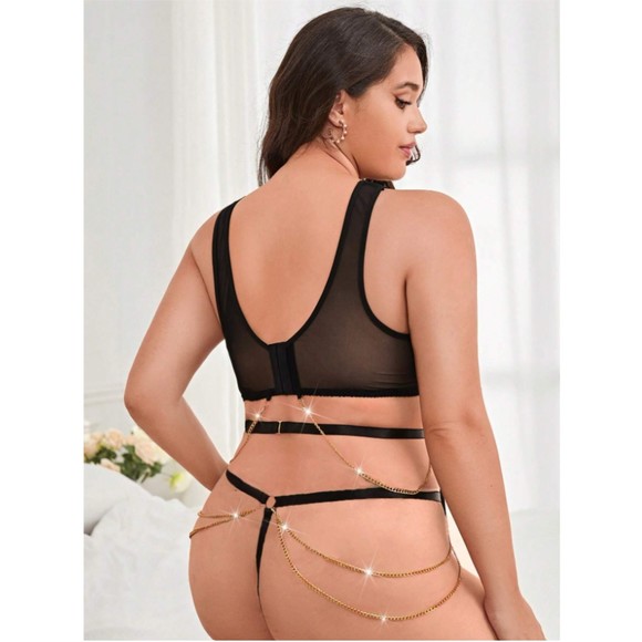 14 Plus (1X) Black Floral Lace Chain Linked Garter Lingerie Set - Picture 4 of 4